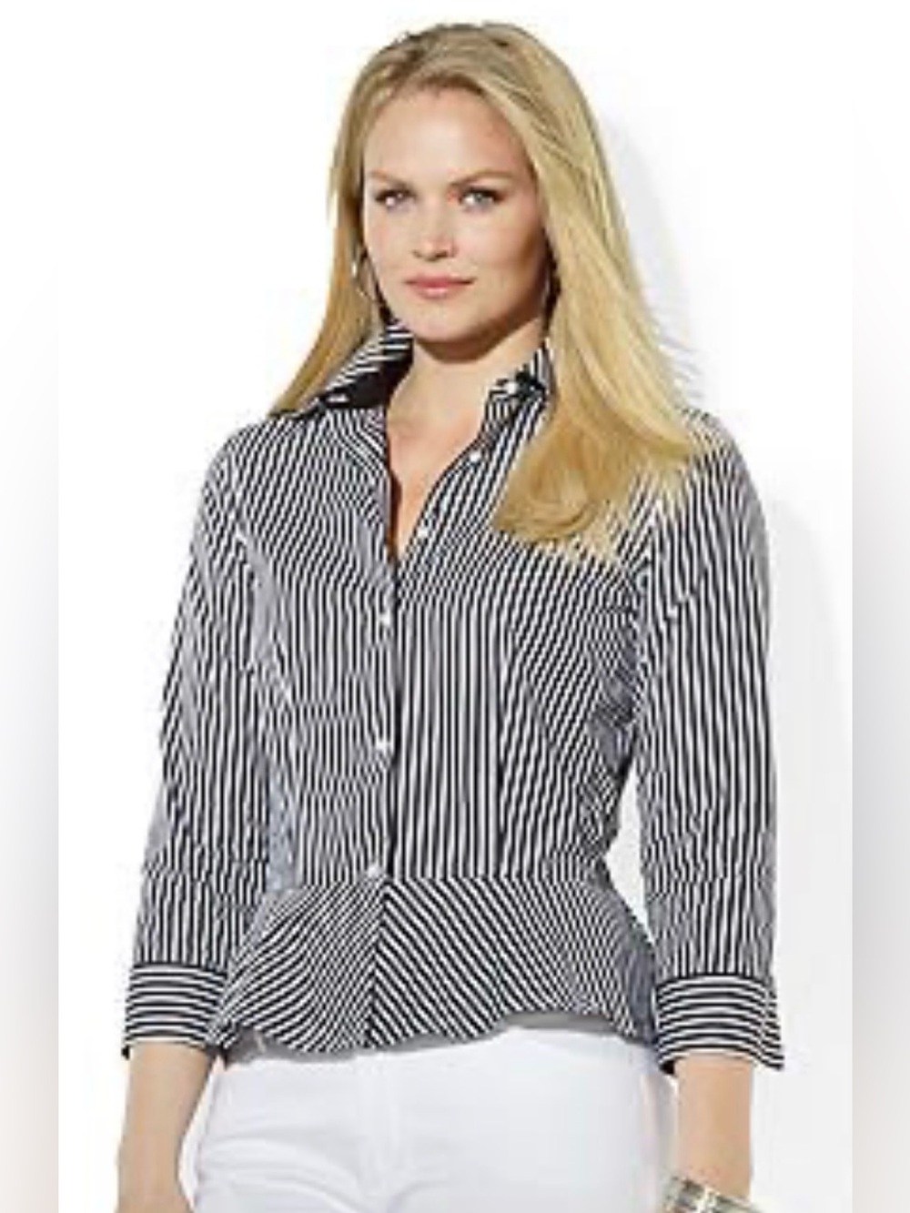 Lauren Ralph Lauren Black and White Striped Peplum Button-Down Blouse